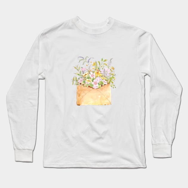 pink cherry blossom flowers in light brown envelop ink and watercolor Long Sleeve T-Shirt by colorandcolor